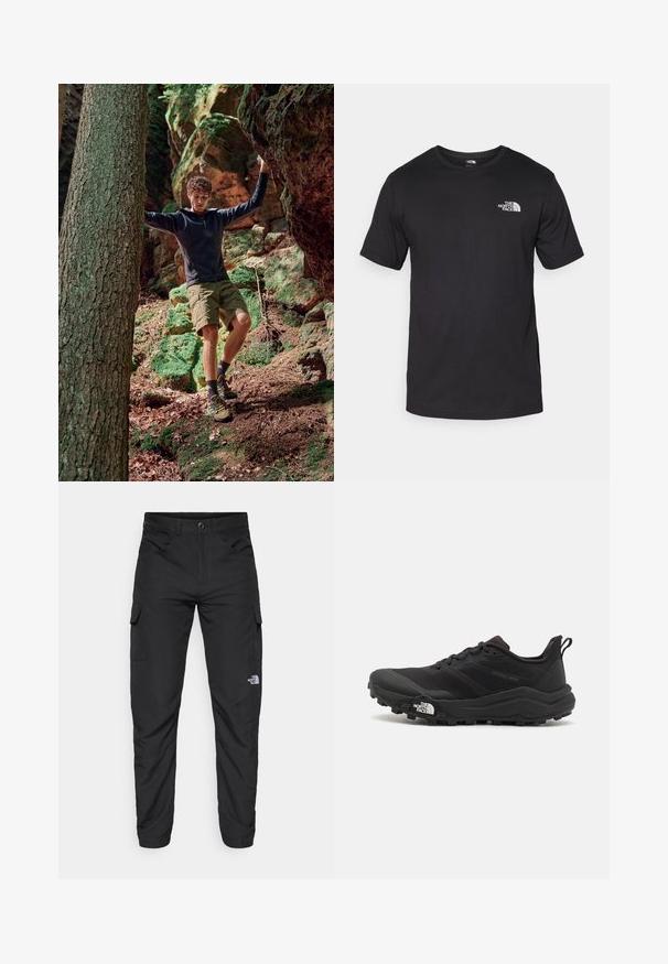 Utendørs eventyrantrekk med en svart hettejakke med glidelås, grønne shorts og gule fottursko. Naturlig skogsmiljø med steiner og mose.; Svart kortermet t-skjorte laget av bomull, med rund hals og en liten hvit logo på øvre venstre brystområde.; The North Face HORIZON PANT - Friluftsbukser - black; Svart terrengløpesko med teksturert overdel, gummisåle og forsterket tåhette. Har polstret krage og løftestropp for enkel påkledning.