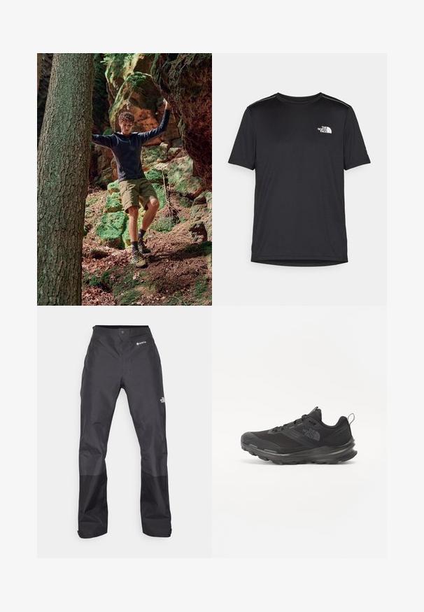 Lauko nuotykių apranga, susidedanti iš juodos zip-up gobtuvo, žalių šortų ir geltonų žygių batų. Natūrali miško aplinka su akmenimis ir samanomis.; Juodas trumpas rankovės marškinėliai, pagaminti iš lengvos medžiagos. Yra mažas baltas logotipas kairiajame krūtinės pusėje ir subtilūs pečių akcentai.; Juodos vandeniui atsparios kelnės su lygiu paviršiumi, su GORE-TEX logotipu priekyje ir sustiprintomis apačiomis dėl ilgaamžiškumo.; Juodos sportinės bateliai su tinklelio viršumi, guminiais padu ir paminkštintu apykakle. Yra raišteliai, logotipas šone ir tekstūruotas dizainas.