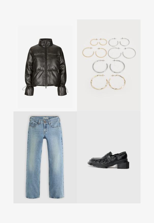 Schwarze Kunstleder-Steppjacke mit hohem Kragen, Frontreißverschluss und elastischen Bündchen. Mit gesteppter Optik und gerafften Details.; Zwei Langarmoberteile. Eines weiß und eines schwarz, beide aus leichtem Baumwollstoff mit einem weit ausgeschnittenen Bootsausschnitt und schmaler Passform.; Hellblaue gerade geschnittene Jeans aus Denim, mit Knopfverschluss, fünf Taschen und subtiler Ausbleichung entlang der Beine.; Schwarze Lederloafer mit einer strukturierten Sohle, die über einen leicht erhöhten Blockabsatz und ein strukturiertes Obermaterial verfügen, das mit einem vorderen Riemen gesichert ist.; Set aus zwölf Ohrhängern in Silber- und Goldtönen. Enthält gedrehte, glatte und strukturierte Designs in verschiedenen Größen und Oberflächen.
