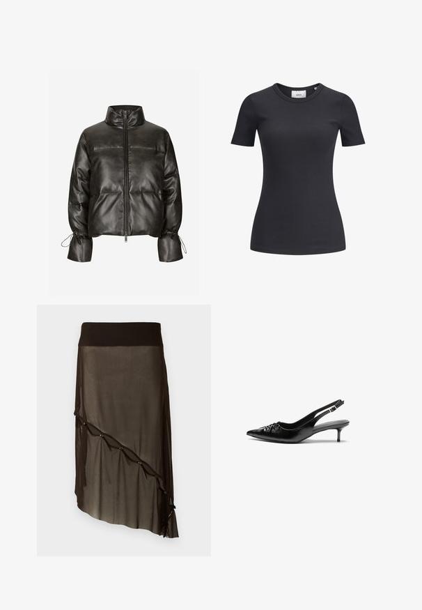 Black faux leather puffer jacket with a high collar, front zipper, and elastic cuffs. Features a quilted design and gathered detailing.; Black ribbed short-sleeve t-shirt with a round neckline. Made from a soft, stretchy fabric, featuring subtle texture and a fitted silhouette.; Black mesh skirt with a fitted waistband, asymmetrical hem, decorative buttons along the front, and layered sheer texture.; Black leather slingback heels with a pointed toe, small kitten heel, and a decorative knot detail on the front. Smooth texture throughout.