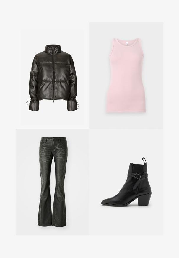 Musta keinonahkainen toppatakki korkealla kauluksella, etuvetoketjulla ja joustavilla kalvosimilla. Varustettu tikatulla kuviolla ja poimuilla.; Vaaleanpunainen tanktoppi, joka on valmistettu pehmeästä ja joustavasta kankaasta. Siinä on pyöreä pääntie ja kapeat olkaimet, sekä sileä pinta ja tyköistuva muoto.; Mustat tekonahkaiset levenevät farkut etutaskuilla, metallinappikiinnityksellä ja hieman teksturoituneella pinnalla. Suora lahje pitkällä leikkauksella.; Mustat nahkaiset nilkkurit, joissa on terävä kärki, lohko-osa ja sivu-klipsi. Ominaisuuksiin kuuluu sileä pinta ja vetotappi takana.