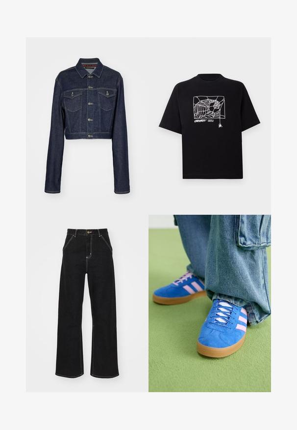 Jachetă din denim albastru închis, scurtă, cu închidere prin buton, două buzunare pe piept și guler clasic. Are cusături albe și mâneci lungi.; Tricou negru din bumbac, cu mâneci scurte. Dispune de un grafic alb cu o pânză de păianjen și un logo pe față. Guler simplu, rotund.; Jeans negri, cu pantaloni evazați, din denim, caracterizându-se prin cusături albe contrastante și închidere cu un nasture în față, având două buzunare frontale înclinate.; Pantofi din piele întoarsă albaștri cu dungi roz și șireturi albe, având o talpă din cauciuc gumat, asortați cu pantaloni din denim largi pe o suprafață verde.