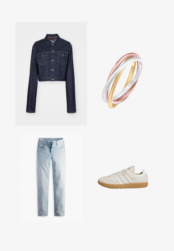 Abgeschnittene dunkelblaue Jeansjacke mit Knopfverschluss, zwei Brusttaschen und klassischem Kragen. Mit weißen Nähten und langen Ärmeln.; Weißes geripptes Tanktop mit rundem Ausschnitt, versehen mit beigem Saum. Kombiniert mit grauen, strukturierten High-Waist-Hosen und einem schwarzen Gürtel mit goldener Schnalle.; Hellblaue Jeans aus Denim mit geradem Bein, zwei Fronttaschen und zwei Gesäßtaschen. Enthält einen Zwei-Knopf-Reißverschluss und dezente Nähte.; Helle beige Sneaker aus Leder und Wildleder, mit drei weißen Streifen, einer Gummisohle und einem gepolsterten Schaft.; Drei miteinander verbundene Ringe aus poliertem Silber, Gold und Roségold, die glatte Oberflächen und runde Formen aufweisen. Jeder Ring ist mit Metallreinheitsmarken graviert.
