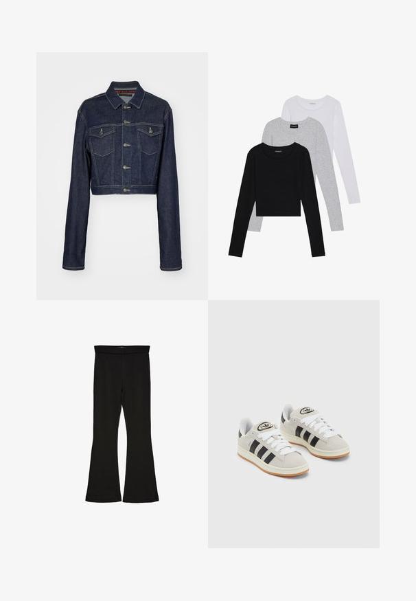 Jaqueta de denim azul escuro cortada, com fecho por botão, dois bolsos no peito e um colarinho clássico. Apresenta costuras brancas e mangas longas.; Três camisetas de manga longa empilhadas: preta, cinza e branca. Cada uma tem um decote redondo e um design cropped, feitas de um tecido leve e suave.; Leggings pretos em flare feitos de um tecido elástico. Apresentam uma cintura larga e uma textura suave, com um silhueta ajustada que se alarga na bainha.; Tênis de camurça cinza com atacadores brancos, riscas pretas e uma sola de borracha branca. Apresenta um logótipo circular na língua e uma sola de borracha.
