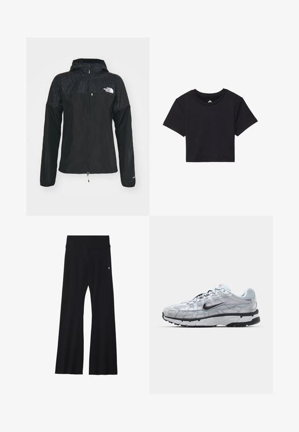 The North Face HIGHER RUN WIND JACKET - Løpejakke - black; Svart kortermet t-skjorte med rund hals, laget av glatt stoff. Minimalistisk design uten synlige mønstre eller detaljer.; Sorte, flagrende yogabukser i elastisk materiale, med bred linning og en liten logo nær hoften. Glatt tekstur, uten mønstre.; Nike P-6000 sneakers med en lys grå mesh-overdel, sorte detaljer og en slitesterk svart gummisåle. Har et intrikat design og snøresystem.