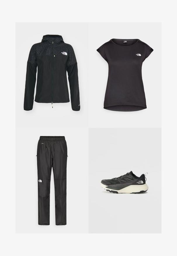 The North Face HIGHER RUN WIND JACKET - Giacca da running - black; The North Face TANKEN TANK - T-Shirt sport - black; Pantaloni impermeabili neri realizzati in tessuto leggero, dotati di cintura elastica, tasche laterali e un logo sulla gamba sinistra.; Scarpa da ginnastica nera con tomaia testurizzata, con accenti grigi e un sottopiede bianco. Include una linguetta sul retro e un logo del marchio ben visibile sul tallone.