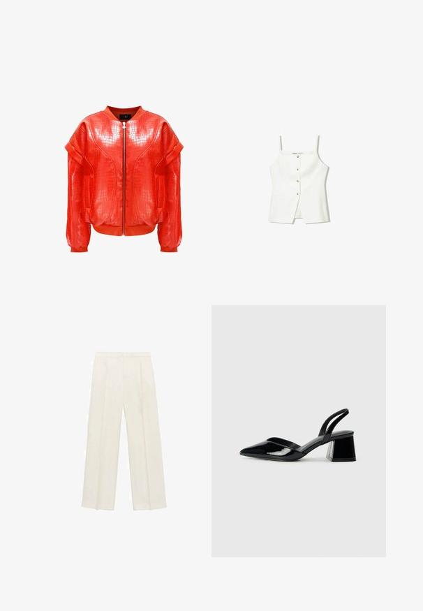 Rote Kunstleder-Bomberjacke mit gestepptem Muster, Reißverschluss vorne, weiter Ärmel und gerippten Bündchen. Besitzt ein geprägtes Krokodilmuster.; Weißes ärmelloses Oberteil mit Knopfleiste, Seitentaschen und einem figurbetonten Design mit leicht ausgestellt geschnittenem Saum. Glatte Textur, minimale Details.; Weit geschnittene Hosen in einem hellen cremefarbenen Farbton. Hergestellt aus einem glatten Stoff mit Falten an der Vorderseite und seitlichen Taschen.; Schwarze Lackleder-Slingback-High Heels mit spitzem Schuh und einem geometrischen Blockabsatz. Verfügt über ein schlankes, minimalistisches Design und eine glatte Textur.