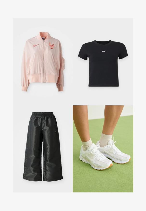 Ružová bomber bunda vyrobená z hladkého, ľahkého materiálu. Obsahuje zips vpredu, rebrované manžety a vyšívané logo kohúta.; Čierne tričko s krátkym rukávom vyrobené z bavlny s okrúhlym výstrihom. Obsahuje biele logo Nike na hrudi, minimalistický dizajn a priliehavý strih.; Čierne športové nohavice s lesklým, hladkým materiálom, ktoré majú elastický pás, široké nohavice a malé logo na ľavej strane.; Biele športové topánky s mäkkou textíliou, gumovými podrážkami a béžovými detailmi. Nosené s svetlými ponožkami na zelenej ploche.