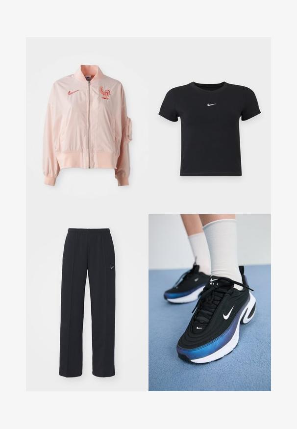 Rosa bomberjacka i ett mjukt, lätt material. Har dragkedja fram, ribbade ärmslut och en broderad tupp-logotyp.; Svart kortärmad t-shirt i bomull med rund halsringning. Har en vit Nike-logotyp på bröstet, minimalistisk design och figurnära passform.; Svarta Nike joggerbyxor med elastisk midjeband och sidofickor, med en liten vit logotyp på vänster ben och en rak passform.; Svarta Nike-sneakers med ett mjukt tygövre, som har en gradientdesign från blått till svart, vit sula och framträdande logotypaccenter.