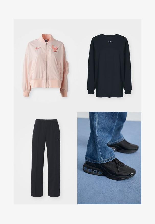 Ružová bomber bunda vyrobená z hladkého, ľahkého materiálu. Obsahuje zips vpredu, rebrované manžety a vyšívané logo kohúta.; Čierne tričko s dlhým rukávom z bavlny, s okrúhlym výstrihom. Na hrudi sa nachádza biele logo Nike. Jemná textúra, jednoduchý dizajn.; Čierne Nike teplákové nohavice s elastickým pásom a bočnými vreckami, s malým bielym logom na ľavom stehne a rovným strihom.; Čierne atletické tenisky s vrchným materiálom z elastického sieťového textilu, s textúrovanými akcentmi a viditeľnými vzduchovými podložkami v podrážke. Nosené s modrými džínsami.