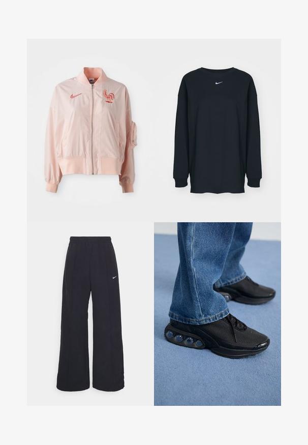 Lyserød bomberjakke lavet af glat, let materiale. Har en lynlåslukning foran, ribbede manchetter og et broderet kyllingelogo.; Sort langærmet T-shirt lavet af bomuld med rund hals. Har et hvidt Nike-logo på brystet. Blød tekstur, enkelt design.; Sorte brede bukser med elastisk talje og et lille hvidt Nike-logo. Stoffet har en glat tekstur, designet til komfort og afslappet brug.; Sorte træningssko med mesh-overdel, teksturerede detaljer og synlige luftdæmpningspodere i sålen. Båret med blå denimjeans.