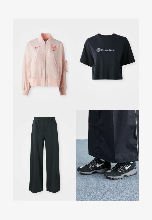 Rosa Bomberjacke aus glattem, leichtem Material. Mit Reißverschluss vorne, gerippten Bündchen und einem gestickten Hahn-Logo.; Gekürztes schwarzes Baumwoll-T-Shirt mit kurzen Ärmeln, das weißen Text "Vice Sportswear" und eine runde Grafik auf der Vorderseite zeigt.; Schwarze, weit geschnittene Sporthosen mit elastischem Bund. Hergestellt aus glattem, dehnbarem Stoff, mit subtilen Vordernähten und ohne Taschen.; Schwarze Sportschuhe mit einer strukturierten Oberseite, silbernen Akzenten und einer gemusterten Außensohle, kombiniert mit einem schwarzen langen Kleidungsstück. Auf einem blauen Teppich drapiert.
