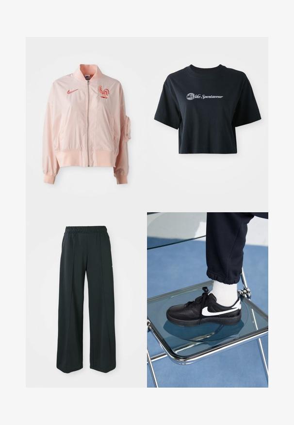 Chaqueta bomber rosa hecha de un material suave y ligero. Cuenta con un cierre de cremallera en la parte frontal, puños acanalados y un logo de gallo bordado.; Camiseta negra de algodón recortada con mangas cortas, que presenta el texto blanco "Vice Sportswear" y un gráfico circular en la parte delantera.; Pantalones deportivos negros de pierna ancha con cintura elástica. Hechos de una tela suave y elástica, presentan costuras frontales sutiles y sin bolsillos.; Zapatillas Nike negras con acentos blancos, con una textura de cuero suave, diseño de cordones y punta redondeada, colocadas sobre una silla de cristal.