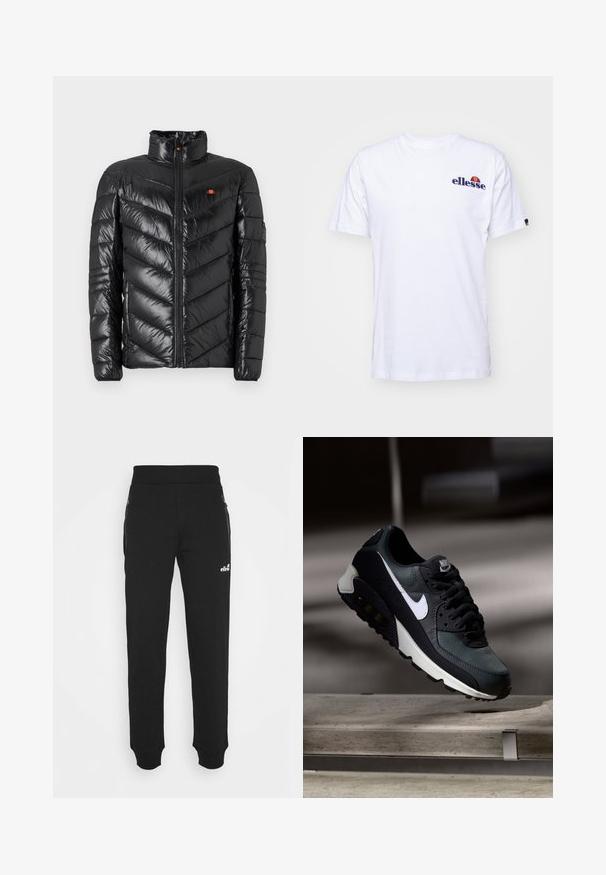 Juoda pūkinė striukė su aukštu apykakliu, siuvinėta chevronų raštu, priekyje užtrauktukas ir mažas logotipo akcentas ant krūtinės. Lygus, blizgus paviršius.; Balta medvilninė marškinėliai su trumpomis rankovėmis, kuriose kairėje krūtinės pusėje yra tamsiai mėlyna siuvinėta emblema ir ryški spalvų akcentas virš emblemos.; Juodos sportinės kelnės, pagamintos iš minkštos medžiagos, turi siaurėjančius kojų šonus, elastinę juostą, šonines kišenes su užtrauktukais ir mažą logotipo akcentą.; Juoda ir žalia sportinė avalynė su raštuotu tinklu viršuje, balta Swoosh logotipas, paminkštinta apykaklė ir matoma oro pagalvė pado viduje.