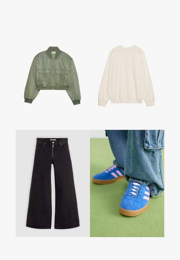 Feldarabolt olíva zöld bomberdzseki fényes nylonból, bordás mandzsettával, két elülső zsebbel és ezüst színű gyűrűs díszítésekkel. Elöl zippzáras záródás.; Világos bézs színű pulóver, puha pamut keverékből készült. Hosszú ujjakkal, kerek nyakkivágással és bordázott mandzsettával, valamint aljjal rendelkezik, laza szabású.; Fekete denim széles szárú farmer, cipzáros elejével, öt zsebes kialakítással és diszkrét varrással. Sima textúra és laza stílus.; Kék velúr cipők rózsaszín csíkokkal és fehér fűzővel, gumiból készült talppal, laza farmernadrággal egy zöld felületen.