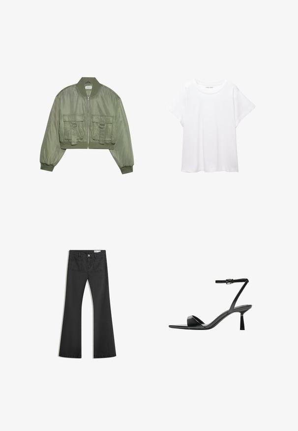 Feldarabolt olíva zöld bomberdzseki fényes nylonból, bordás mandzsettával, két elülső zsebbel és ezüst színű gyűrűs díszítésekkel. Elöl zippzáras záródás.; Fehér póló, puha, könnyű anyagból készült. Kerek nyakú, rövid, széles ujjaival és laza szabásával rendelkezik. Nincsenek látható minták.; Fekete, sima textúrájú farmer flare nadrág, két hátsó zsebbel és gombos derékkal.; Bershka Magas sarkú szandálok - black