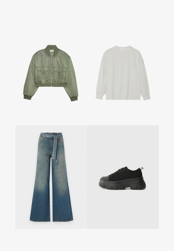 Kuttet olivengrønn bomberjakke i shiny nylon med ribbevervede mansjetter, to frontlommer og sølvringdetaljer. Glidelås lukking foran.; Lys grå langermet t-skjorte laget av myk bomull. Har en løs passform, rund hals og forsiktig samlet mansjetter. Ingen mønstre eller grafikk.; Bredde ben jeans med en lyseblå til mørkeblå gradient, høyt liv, beltehemper og et matchende belte i samme stoff. Teksturert denimoverflate.; Svarte sneakers med en kraftig gummisåle, teksturert stoffoverdel, rund tå og snøring. Har forsterkede snørehull og bakre trekkstang.