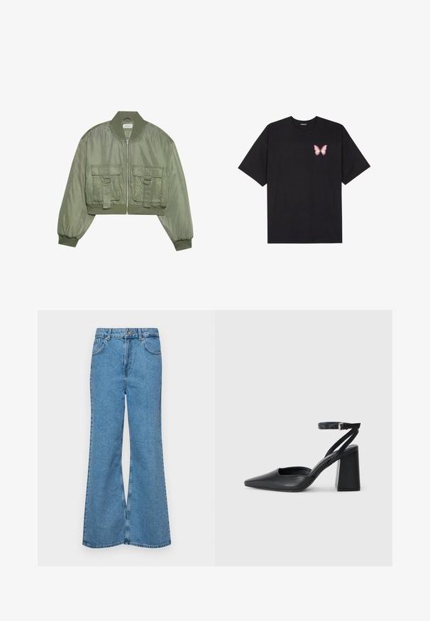 Feldarabolt olíva zöld bomberdzseki fényes nylonból, bordás mandzsettával, két elülső zsebbel és ezüst színű gyűrűs díszítésekkel. Elöl zippzáras záródás.; Fekete pamut póló rövid ujjakkal, bal mellkason egy kis rózsaszín pillangó grafikával. Kerek nyakú kialakítás, laza fazonnal.; Világoskék, trapézszárú farmernadrág, magas derékkal, öt zsebbel és egy gombos záródással. Puha tapintású, magasított effektusú anyag.; Fekete bőr, hegyes orrú magassarkú cipő boka pánttal és vastag sarokkal. Sima textúra, elegáns dizájn és minimális esztétika.