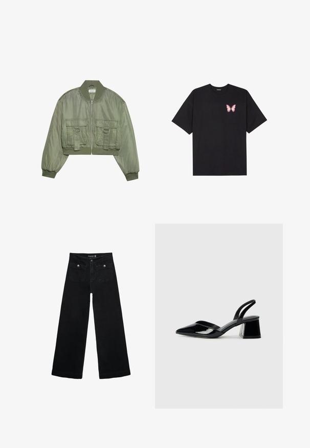Beskuren olivgrön bomberjacka i glänsande nylon med ribbade mudd, två framfickor och silverringdetaljer. Dragkedjestängning fram.; Svart bomullströja med korta ärmar, med en liten rosa fjärilsgrafik på vänster bröst. Rundad halsdesign med en avslappnad passform.; Svart vida jeans med hög midja, med två framfickor och metalldetaljer i form av knappar. Tyget har en mjuk textur.; Svarta lackläder slingback klackar med spetsig tå och geometrisk klack. Har en elegant, minimalistisk design och slät yta.
