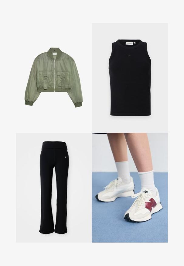 Kratka vojaško zelena bombaška jakna iz sijočega najlona z rebrastimi manšetami, dvema sprednjima žepoma in srebrnimi obročki. Sprednje zapiranje na zadrgo.; Črn brezrokavnik iz ribane tkanine, z okroglo odprtino za vrat in majhnim logotipom na sprednji strani. Preprost, prilegajoč se dizajn.; Črne športne hlače z širokim pasom, narejene iz gladkega, raztegljivega materiala. Imajo majhen bel Nike logotip na boku.; Par belih športnih copat z maroon detajli, teksturiranimi paneli, ravnim črnim podplatom in svetlim vezalkami, obutih z belimi gležnjarji.