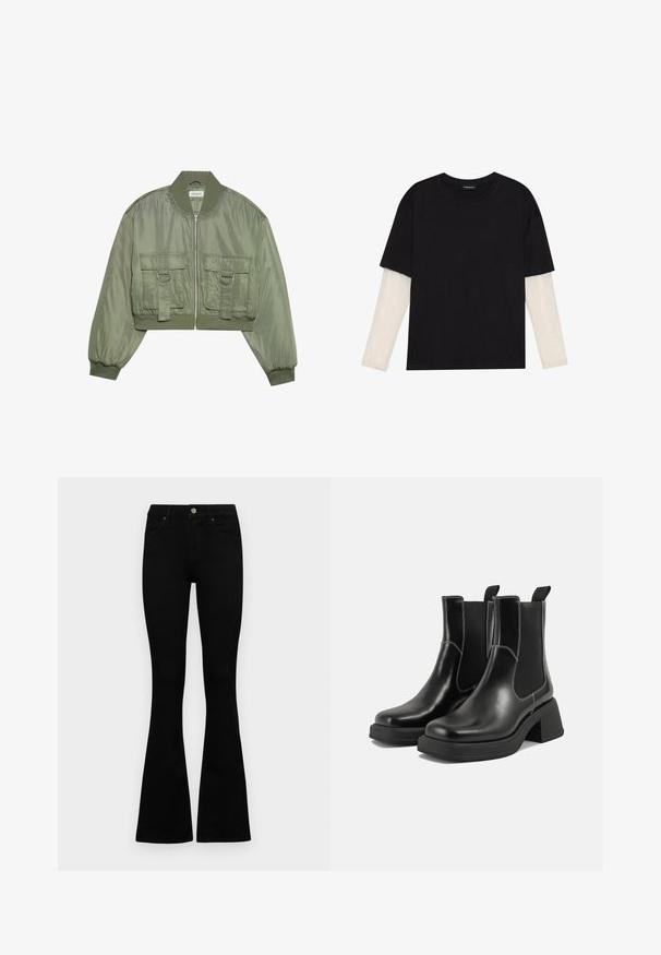 Chaqueta bomber de color verde aceituna, recortada, en nylon brillante con puños de canalé, dos bolsillos frontales y detalles en anillo de plata. Cierre con cremallera en la parte delantera.; Camiseta negra de algodón, con mangas cortas sobre una capa blanca de manga larga con un patrón texturizado sutil. Diseño de escote redondeado.; Jeans negros de cintura alta con cierre de botón y cremallera, bolsillos frontales y piernas acampanadas, dispuestos sobre un fondo blanco.; Botas Chelsea de cuero negro con tacón grueso, paneles laterales elásticos y costuras en blanco que contrastan. Acabado texturizado.
