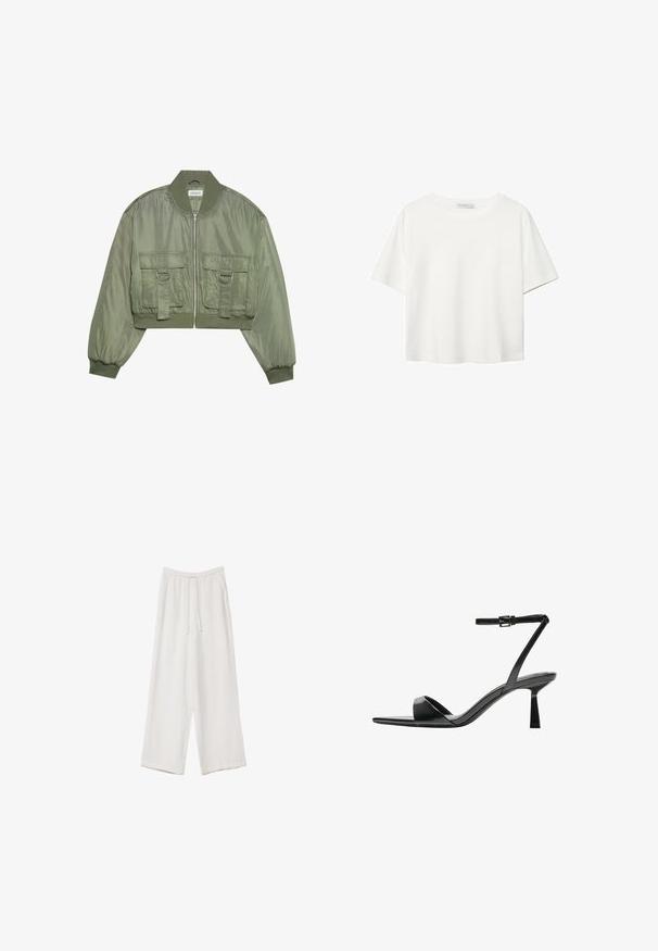 Gekürzte olivgrüne Bomberjacke aus glänzendem Nylon mit gerippten Bündchen, zwei frontalen Taschen und silbernen Ringakzenten. Reißverschluss vorne.; Weißes T-Shirt mit kurzen Ärmeln aus Baumwolle. Hat einen Rundhalsausschnitt und eine lockere Passform. Glatte Textur ohne sichtbare Muster oder Akzente.; Weiße weit geschnittene Hose aus leichtem Stoff. Mit einem elastischen Bund und Kordelzug sowie Seitentaschen. Glatte Textur.; Bershka High Heel Sandalette - black