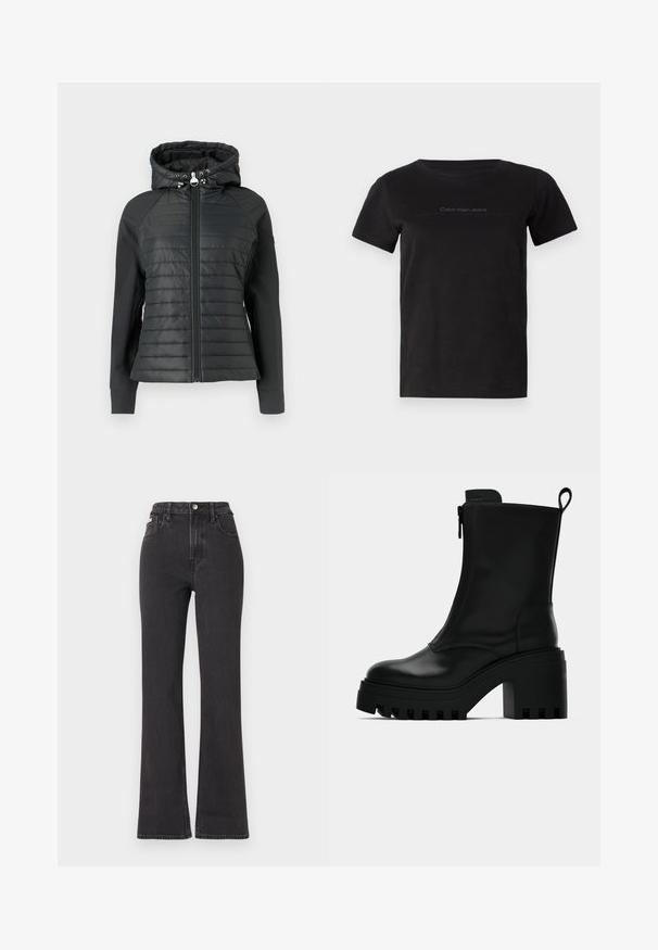 Casaco corta-vento preto com capuz ajustado, apresentando textura acolchoada na parte frontal, mangas lisas e fecho de correr frontal.; Camiseta de algodão preta com decote redondo e mangas curtas. Apresenta uma marcação subtil em cinza na área do peito.; Jeans flared pretos de cintura alta feitos de denim, com fecho de botão, passadores para cinto e bolsos laterais. Textura suave com desbotamento mínimo.; Botim de pele preto até ao tornozelo com sola robusta, salto bloco, fecho lateral e alça na parte de trás sobre fundo branco liso.