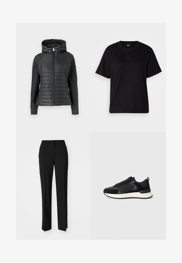 Black puffer jacket with a fitted hood, featuring quilted texture on the front, smooth sleeves, and a front zipper closure.; Black cotton t-shirt with a crew neckline, short sleeves, and an embroidered logo on the chest. Simple, relaxed fit with no patterns.; Black tailored trousers with a straight-leg design, featuring a smooth texture and crisp creases along the front. No visible hardware.; Black athletic shoe with a smooth leather upper, suede accents, round toe, and a contrasting white midsole. Features lace closure and logo detail.