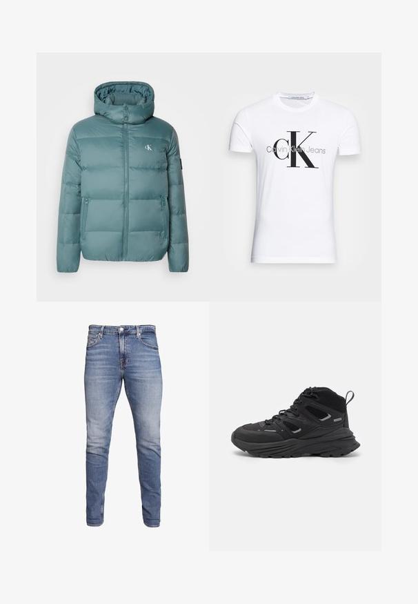 Calvin Klein Jeans ESSENTIALS JACKET - Casaco de penas - north atlantic; T-shirt de algodão branco com um logotipo preto "CK" e o texto "Calvin Klein Jeans", com mangas curtas e um decote redondo clássico.; Jeans de ganga azul com um corte slim, cintura média, design de cinco bolsos, lavagem desbotada e leve desgaste na frente e nas costas.; Botas de caminhada pretas com um design em camadas, tecido texturizado e sola de borracha, com áreas reforçadas e atacadores na frente.