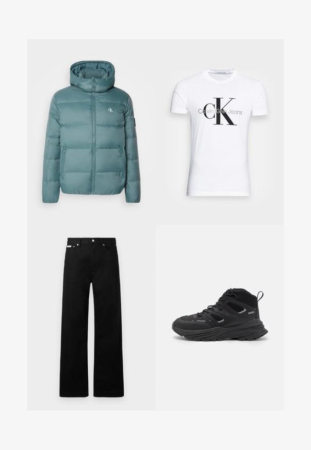 Calvin Klein Jeans ESSENTIALS JACKET - Jachetă cu puf - north atlantic; Tricou alb din bumbac, cu un logo negru "CK" și textul "Calvin Klein Jeans", cu mâneci scurte și un guler clasic rotund.; Pantaloni din denim negri cu un design cu picioare largi, având cinci buzunare și accesorii metalice pentru butoane. Textură netedă, fără modele vizibile.; Pantofi de drumeție negri cu un design stratificat, material texturat și talpă din cauciuc, cu zone întărite și sistem de șireturi.