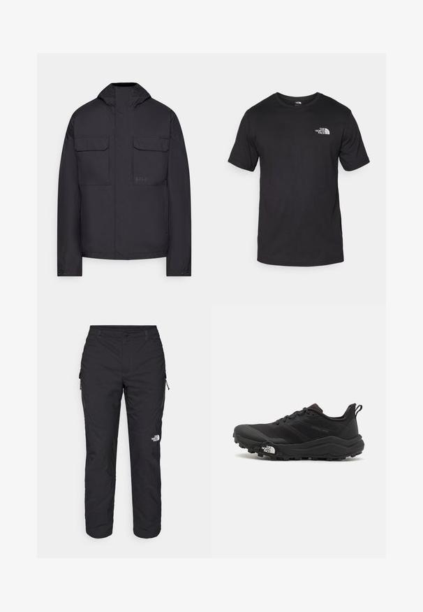 Must emanevest koot, mis on valmistatud siledast kangast, kahte rinnataskut, nööbitud mansetid ning diskreetne logo vasakul küljel.; Must have lühikeste varrukatega must T-särk, mis on valmistatud puuvillast, ümmarguse kaelusega ja väikese valge logoga vasakus ülanurgas.; The North Face WINTER EXPLORATION TAPERED CARGO - Õuepüksid - black; Must tume jooksujalats musta värvi, tekstuurse ülemise osaga, kummist tallaga ja tugevdatud varbaga. Omab pehmendusega krae ja tõmblinti mugavaks selga panemiseks.