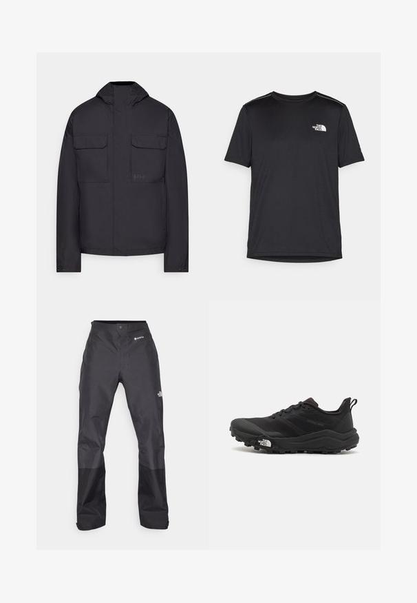 Juodas gobtuvu džemperis iš lygaus audinio, su dviem krūtinės kišenėmis, mygtukais užsegamais rankogaliais ir subtiliu logotipu kairėje pusėje.; Juodas trumpas rankovės marškinėliai, pagaminti iš lengvos medžiagos. Yra mažas baltas logotipas kairiajame krūtinės pusėje ir subtilūs pečių akcentai.; Juodos vandeniui atsparios kelnės su lygiu paviršiumi, su GORE-TEX logotipu priekyje ir sustiprintomis apačiomis dėl ilgaamžiškumo.; Juoda bėgimo batai su tekstūruotu paviršiumi, guma padais ir sustiprinta pirštų dalimi. Yra paminkštinta apykaklė ir kilpos, leidžiančios lengvai užsidėti.