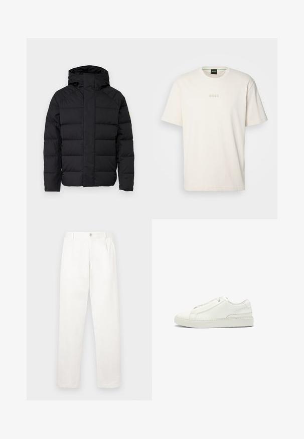 Black puffer jacket with a hood, featuring a quilted design, front zipper closure, and elastic cuffs. Smooth texture, compact fit.; BOSS TEE - Basic T-shirt - open white; White trousers made from smooth fabric, featuring a straight leg design, front pleats, and a single button closure at the waist.; White leather sneaker featuring a textured upper, a round toe, minimalistic design, and a rubber sole with stitched detailing.