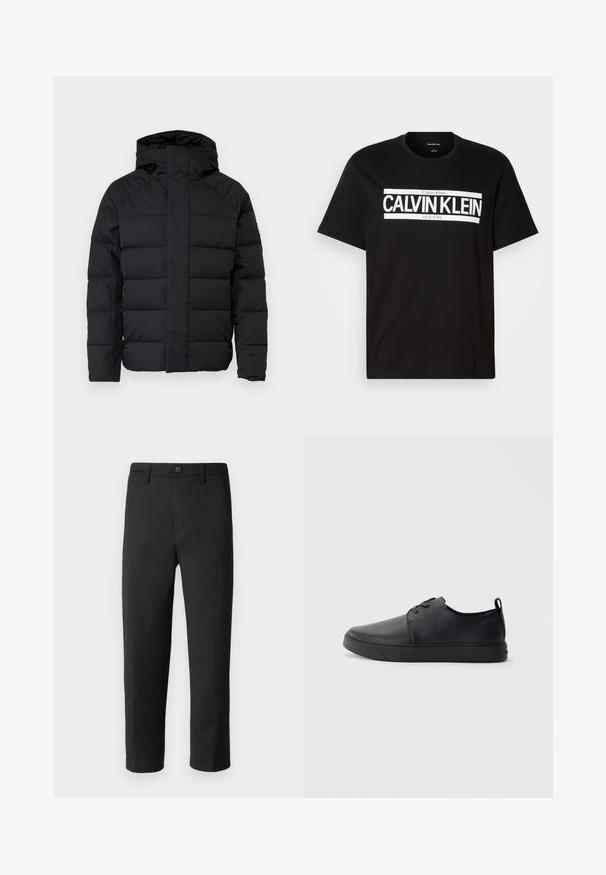 Črna puhasta jakna s kapuco, z izdelkom iz kvadratnega šiva, sprednjim zadrgo in elastičnimi manšetami. Gladka tekstura, kompaktna prileganje.; Črna kratkohlačasta majica s kratkimi rokavi, z belim logotipom "CALVIN KLEIN NEW YORK" na sredini prsnega dela, okrogel ovratnik in oznaka srednje velikosti znotraj ovratnika.; Črne hlače s ravnim krojem, izdelane iz gladkega materiala. Imajo gumbe za zapiranje in zanke za pas. Brez vidnih vzorcev ali dodatkov.; Črne usnjene športne čevlje z gladko površino, okroglo oblikovano nosilo, toniranim šivanjem, vezanjem spredaj in ravnim gumijastim podplatom. Zanko na peti.