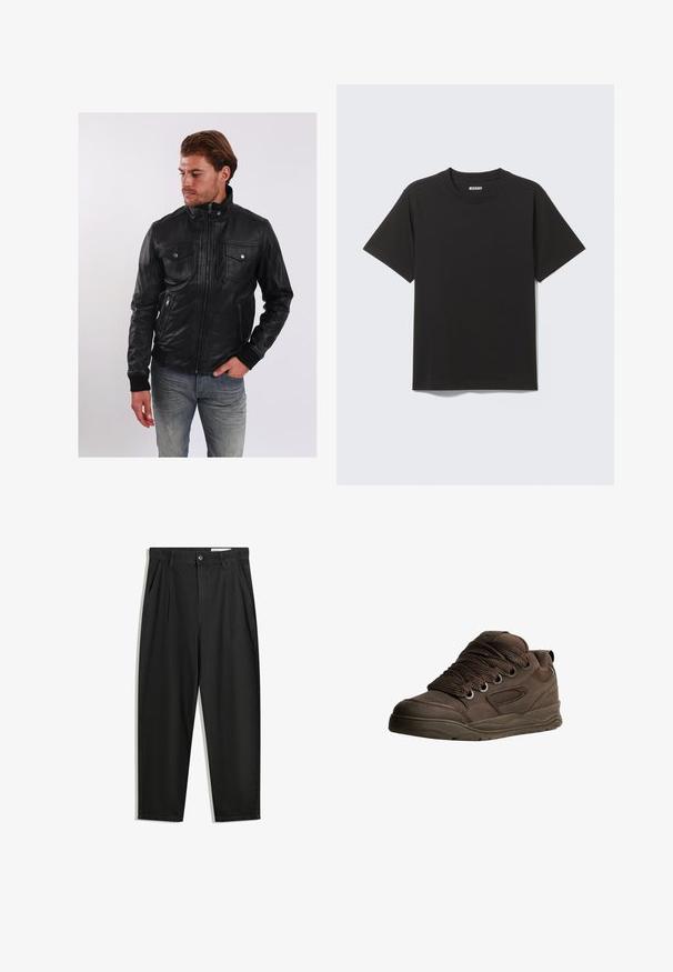 Svart läderjacka med framdragkedja, två bröstfickor och ribbade ärmslut. Slät textur och skräddarsydd passform. Buren över ljusa denimjeans.; Svart T-shirt med kort ärm i mjuk bomull, med rund halsringning och enkel design utan mönster eller detaljer.; Svarta bomullsshorts med avslappnad passform, med en klassisk midja, framveck och sidfickor. Slät textur utan mönster.; Bruna sportskor gjorda av slät syntetiskt material. Har tjocka snören, meshlinjer, vadderad krage och texturerad gummisula.