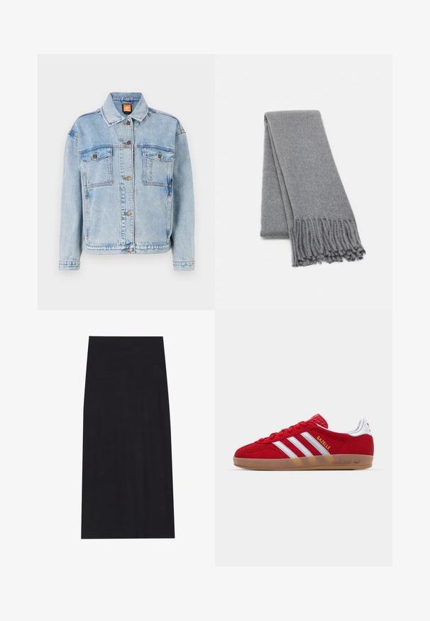 Lyseblå denimjakke med et klassisk design, med knappelukking foran, to brystlommer og ferdige kanter. Jevn tekstur med lett bleking.; Mørk grå av-shoulder genser med lange ermer, ribbet hals, og strukturert strikket stoff. Kort design.; Svart midi-skjørt laget av myk, elastisk stoff. Har en rett silhuett og en elastisk midje for en komfortabel passform.; Rød semsket sneakers med hvit tre-stripes design og gull "Gazelle" tekst. Har en gummisåle og teksturert hæl.; Grå ullsjal med en myk tekstur, utstyrt med frynsete kanter og et enkelt design. Brettet pent, som viser frem den avlange formen.