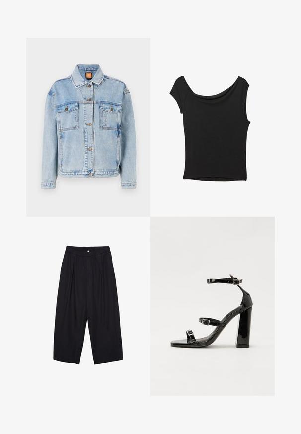 Svijetloplava traper jakna klasičnog dizajna, sa dugmetima sprijeda, dva džepa na prsima i obrubljenim rubovima. Glatka tekstura s blagim izbljeđenjem.; Črna kratka majica s kratkimi rokavi iz gladkega blaga; ima drapiran izrez in asimetrično spodnjo rob, s prilegnjenim telesom.; Črne poliesterske culotte hlače z elastičnim pasom, dvema sprednjima nabiranjema in ohlapnim krojem. Brez vidnih vzorcev ali kovinskih detajlov.; Črne lakirane sandale s peto, kvadratnim prstom, trakovi okrog gležnja in srebrnimi zaponkami. Opremljene so s stabilno Debelo peto.