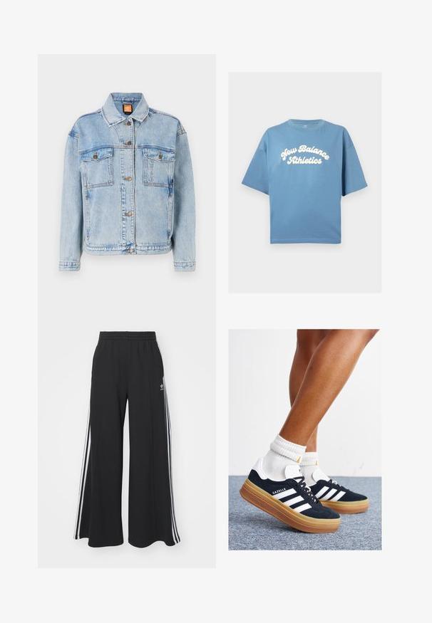 Lyseblå denimjakke med et klassisk design, med knappelukking foran, to brystlommer og ferdige kanter. Jevn tekstur med lett bleking.; Blå bomull t-skjorte med løs passform, med korte ermer og rund hals. Hvit "New Balance Athletics" logo trykket sentralt.; Svart vide joggebukser med elastisk midjebånd, med hvite sidestriper og brodert logo på venstre lår.; Svarte sneakers i semsket skinn med hvite striper og detaljer, rund tå, yttersåle i gummigummi, kombinert med hvite ribbestrikkede crew-sokker.