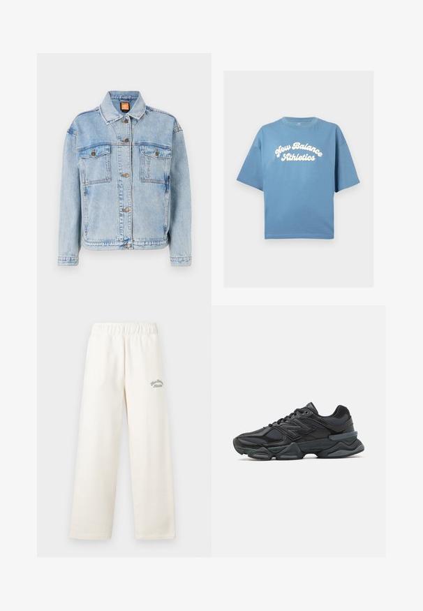 Gai zilo džinsu jaka ar klasisku dizainu, kas aprīkota ar pogu aizdari, divām krūšu kabatām un apdarinātām malām. Gluda tekstūra ar nelielu izbalēšanu.; Zila kokvilnas T-krekls ar brīvu piegriezumu, ar īsām piedurknēm un apaļu kakla izgriezumu. Centrāli drukāts balts "New Balance Athletics" logo.; Kremkrāsas plaši bikses, izgatavotas no mīksta materiāla ar elastīgu jostu. Priekšpusē ir smalks zaļš izšuvums.; Melna skriešanas apavi ar jauktu acu audumu un sintētiskiem materiāliem, masīvu zoli, izliekta dizaina elementiem un izteiktu zīmola logotipu uz sāniem.