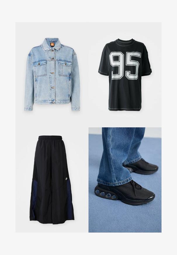 Svijetloplava traper jakna klasičnog dizajna, s dugmadima sprijeda, dva džepa na prsima i završnim rubovima. Glatka tekstura s blagim izblijedjenjem.; Crna pamučna majica s kratkim rukavima, s bijelim tiskanim brojem "95" sprijeda i kontrastnim šavovima duž rubova.; Crne hlače širokih nogavica izrađene od lagane tkanine, sa tamnoplavim bočnim panelom i elastičnom stražnjom trakom. Mali bijeli logo je na dnu.; Crne atletske tenisice s mrežastim gornjim dijelom, teksturiranim detaljima i vidljivim zračnim jastučićima u potplatu. Nosene su uz plave traperice.