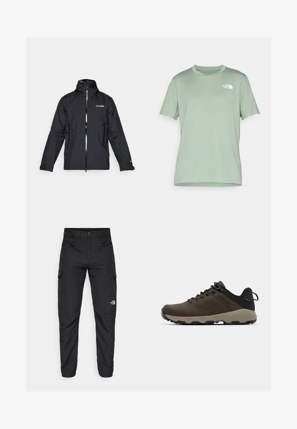 Casaco impermeável preto com fecho de correr na frente, capuz ajustável e dois bolsos laterais com fecho de correr. Apresenta um logo no peito e punhos elásticos.; T-shirt de manga curta verde claro, feito de um tecido suave; apresenta um logótipo branco no lado superior esquerdo; decote redondo.; The North Face HORIZON PANT - Calças para exterior - black; Ténis impermeáveis castanhos com um upper texturizado, detalhes perfurados, apoio para o calcanhar preto e uma sola de borracha cinza. Os atacadores têm extremidades metálicas.