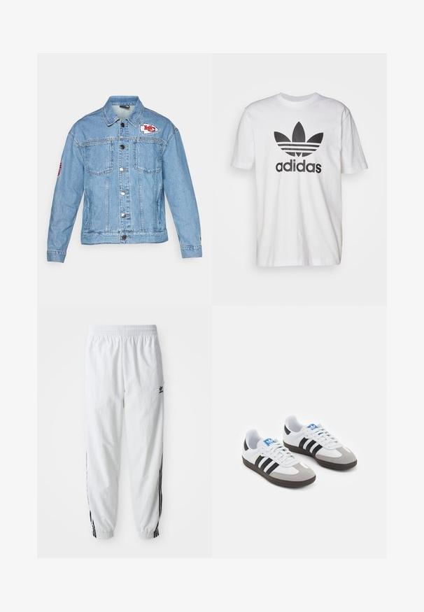 Gaiši zils džinsu jaciņa ar divām priekšējām kabatām, pogu aizdari un izšūtu logotipa uzšuvumu uz krūtīm un piedurknēm. Klasisks dizains.; Balta kokvilnas T-krekls ar melnu Adidas logotipu, kas ievēro trīszaru dizainu un trīs svītras. Īsām piedurknēm, apaļa kakla izgriezuma un brīvs piegriezums.; Baltas sporta bikses ar melnām sānu svītrām, elastīga vidukļa josla un rokai; uz kreisā augšstilba atrodas Adidas logs. Gluda auduma tekstūra.; Sporta apavi ar balto ādas virsu, pelēku zamšādas purngalu un trim melnām svītrām. Iezīmē zilu logotipu uz mēles un teksturētu gumijas zoli.