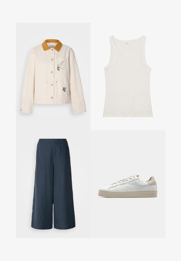 Scotch & Soda WORKWEAR JACKET - Jeansjacke - soft ice; Weißes Baumwolltanktop mit weitem Ausschnitt und dünnen Schulterträgern. Glatte Textur ohne sichtbare Muster oder Verzierungen.; Weite Beinhosen in Marineblau, aus leichtem Stoff. Mit einer leicht strukturierten Oberfläche, elastischem Bund und Vordernähten.; Weiße Leder-Sneaker mit glatter Oberfläche, beigen Wildleder-Akzenten, runder Zehenpartie, flachem Schnürdesign und einer strukturierten Gummisohle.