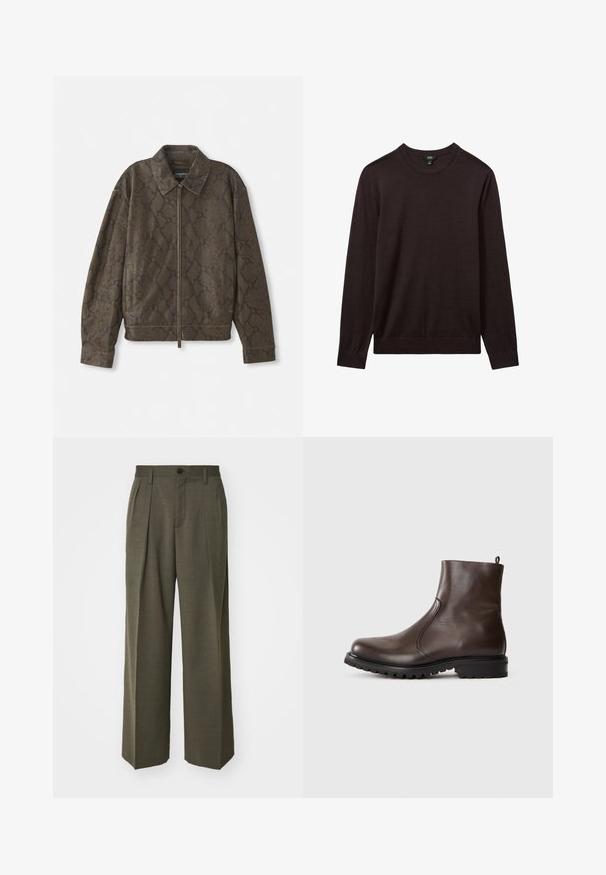 Ruda gyvatės odos rašto striukė su užtrauktuku priekyje, apykakle ir šoniniais kišeniais. Pagaminta iš minkštos medžiagos, su laisvu siluetu ir tekstūrine paviršiaus struktūra.; Reiss Džemperis - dark bordeaux; Filippa K WIDE TROUSERS - Kelnės - driftwood; Rudos odinės aulinukai iki kulkšnies su lygiu paviršiumi, elastingomis šoninėmis dalimis, užtrauktuku gale ir sunkiu guminėm padu.