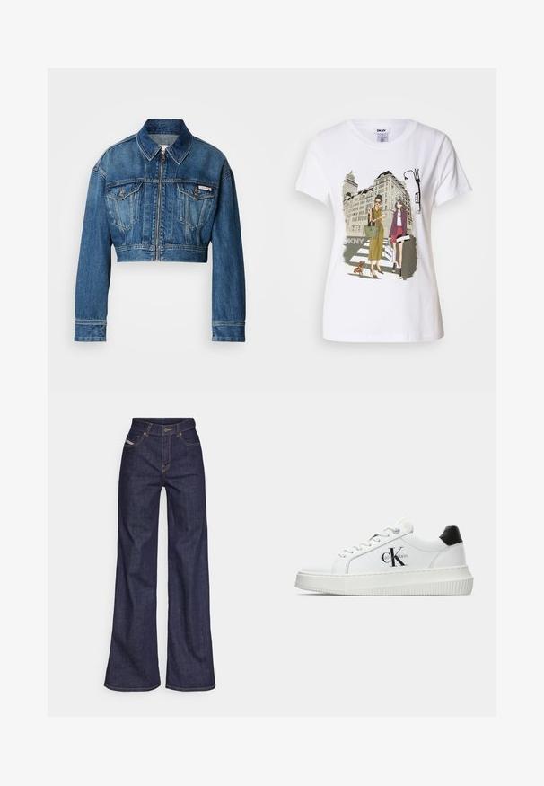 Kratka traper jakna u srednje plavoj boji. Ima oštar ovratnik, zatvaranje na zip, dva džepa na grudima i duge rukave s detaljima na manžetama.; Bijela pamučna majica s printanom ilustracijom dviju žena u urbanom modnom stilu s psom na pješačkom prijelazu i gradskim zgradama.; Tamno plave široke traperice s visokim strukom, izrađene od denim tkanine, s narančastim šavovima, pet džepovima i kopčanjem na dugme.; Bijeli niskotoperani tenisice s crnom petom, platformom, vezicama i "CK" logotipom Calvin Kleina sa strane.