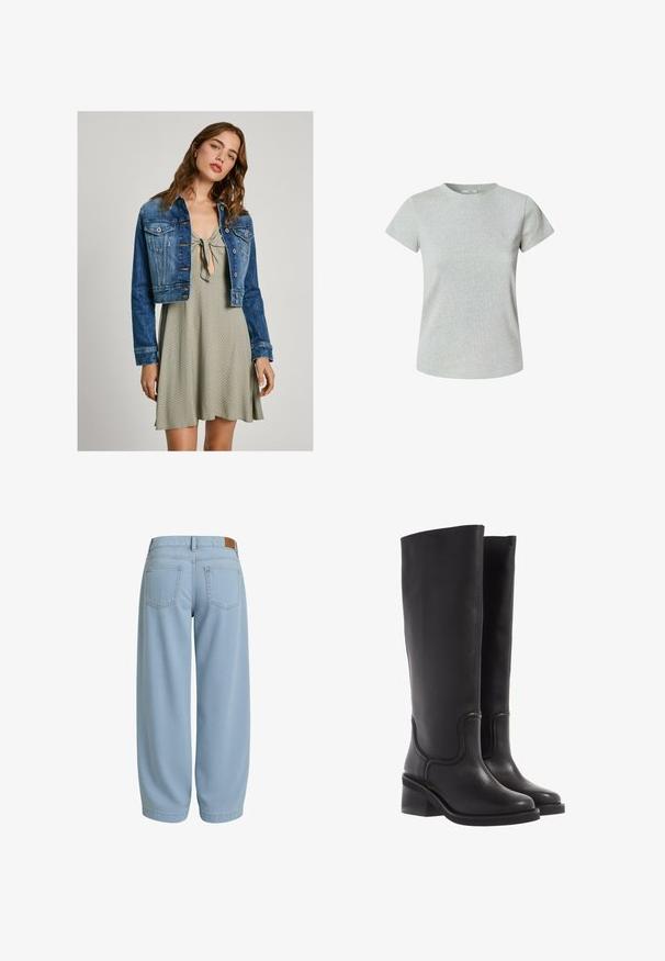 Tumedat sinised denim-jakk, millel on ees taskud ja nupulukk, on kihiliselt selga pandud helesinise kleidi peale, millel on sidumisega kaelus ja tekstuuriga muster.; Hall müts, lühikeste varrukatega ja ümmarguse kaelusega. Sujuv tekstuur, klassikaline lõige ja ilma nähtavate mustrite või kaunistusteta.; Heleheles sinine denimist püksid, millel on lõdvendatud istuvus, kaks tagataskut, pruunist nahast mansett ja kitsenevad pahkluud.; Mustad mustad põlvini saapad siledast mustast nahast, ümarate varvaste ja turske kontsaga. Sisaldab peent õmblust ja voolujoonelist disaini.