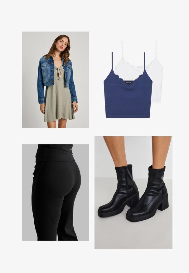 Sötétkék, rövidített farmerdzseki elülső zsebekkel és gombos záródással, egy világoszöld ruha fölött, amelynek nyaka megkötős és textúrázott mintázatú.; Tengerészkék és fehér pamut melltartó szett fodrozott nyakkivágással, vékony állítható pántokkal és testhez simuló fazonnal. Logócímke a tengerészkék rész belső oldalán.; Fekete bordás leggings, magas derékkal, testhez simuló formával és sima textúrával. Diszkrét hardware részlet a derékrészen.; Fekete bőr bokacsizma magas blokk sarkakkal, oldalsó cipzárral, sima textúrával és hegyes orrformával.