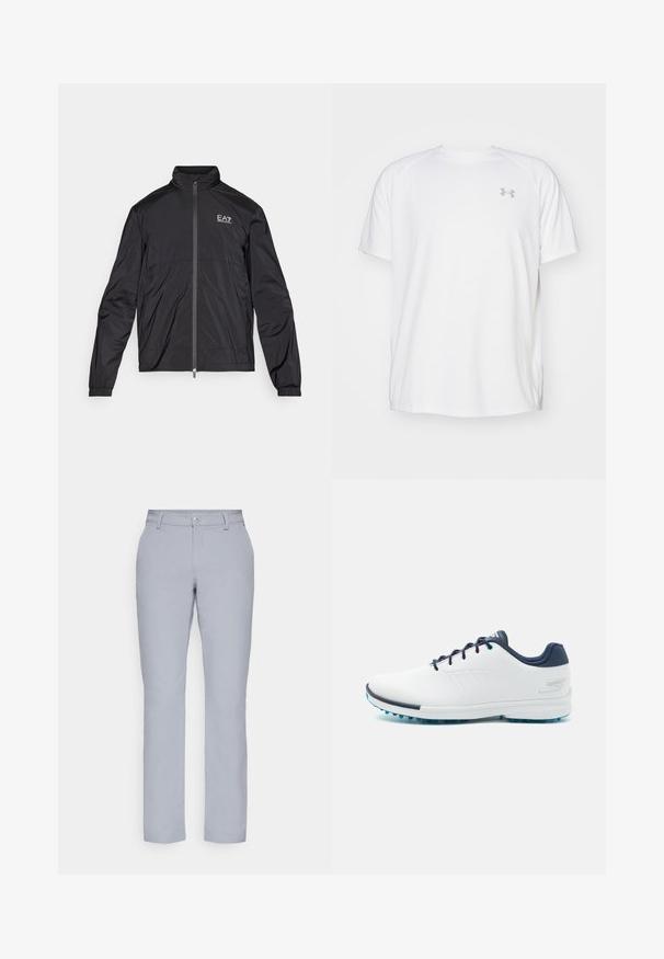 Černá lehká bunda s vysokým límcem, plným předním zipem, elastickými manžetami a logem EA7 na levé části hrudi. Hladký, matný povrch.; Bílé sportovní tričko s krátkým rukávem vyrobené z hladké látky. Má kulatý výstřih a šedé logo na levé straně hrudi, s bočními rozparky na lemu.; Světle šedé kalhoty s rovným střihem, zapínáním na knoflík, předními kapsami a hladkým, texturovaným materiálem. Minimalistický design, bez vzorů.; Bílé sportovní boty s hladkým syntetickým svrškem, modrými akcenty, texturovanou tmavě modrou patou a lehkou, hřebenovou podešví pro lepší přilnavost.