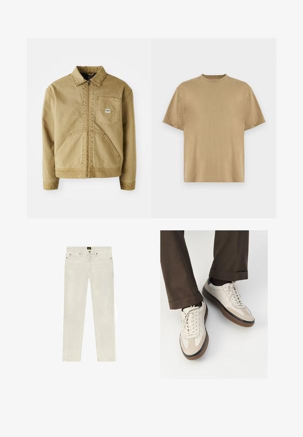 Chaqueta marrón con cierre de cremallera en el frente, cuello puntiagudo, bolsillo en el pecho y grandes bolsillos laterales. Hecha de tela resistente con detalles de costura visibles.; Camiseta de manga corta color caqui, confeccionada en tejido suave, con un escote redondo y un corte relajado. No se aprecian patrones ni gráficos.; Jeans de mezclilla blanca con corte recto, que cuentan con un diseño clásico de cinco bolsillos, áreas deslavadas distintas y detalles de desgaste mínimos.; Zapatillas beige con un frente de ante texturizado, lados de cuero liso y suela de goma marrón. Incluyen cordones y un detalle de costura ligera.