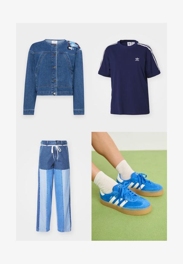 Denim jacket in dark blue, lightweight material, button closure, round neckline, features floral embroidery on shoulder, cropped design.; adidas Originals 3 STRIPE - Print T-shirt - dark blue; Blue denim pants featuring a patchwork design with varying shades of blue, a drawstring waist, and loose, straight-cut legs.; Blue suede sneakers with white stripes, gum sole, round toe, and fabric laces. Paired with cream socks on a green surface.